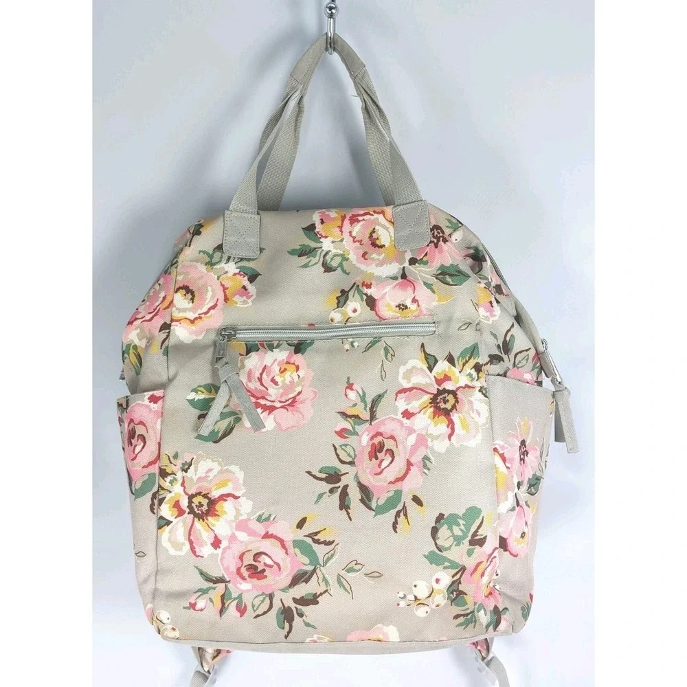 Baby Essentials Floral Backpack Diaper Bag Gray Pink Pockets Straps Changing Pad